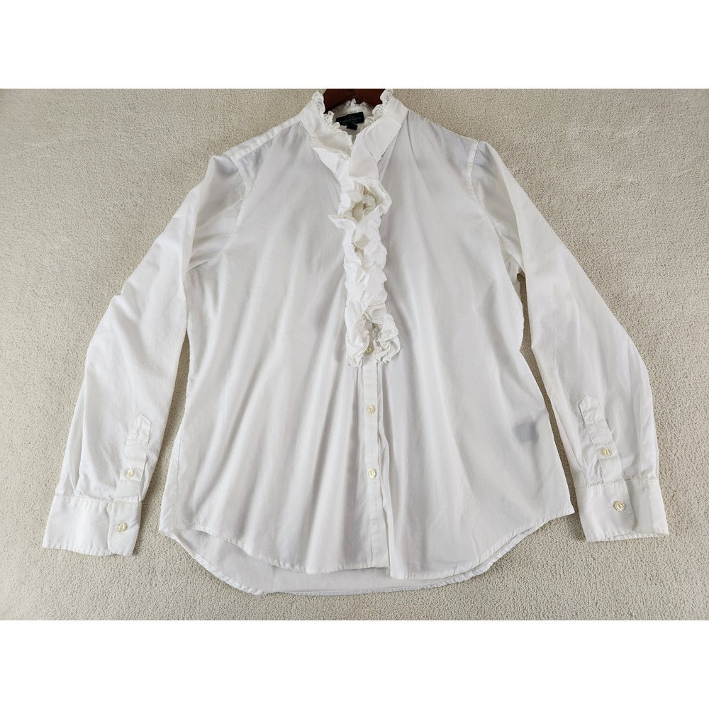 Womens White Ralph Lauren Button Up Blouse with Ruffles Size XL Career Wear